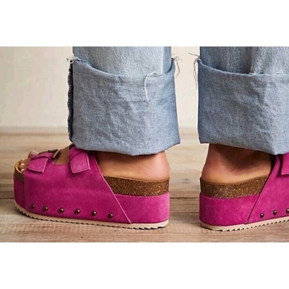 New Free People Rule Breaker Flatform Sandal Shoes Platform Suede Stud Fuchsia - Picture 4 of 17